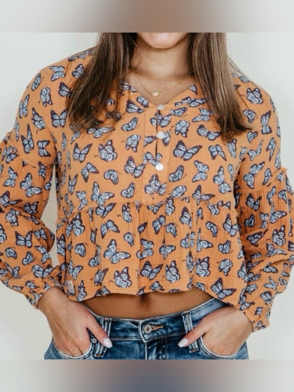 Simply Southern Orange Butterfly Button-Front Peasant Top